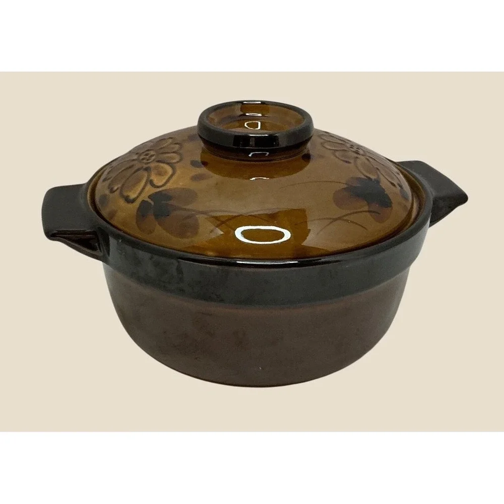 Vintage Ceramic Casserole Bean Pot with Lid Brown Floral Oven Proof Stoneware